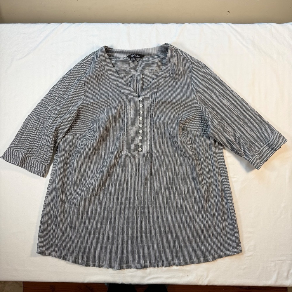 Ulla Popken Womens Plus 24/26 Striped Seersucker Tunic Top Grey White Crinkle
